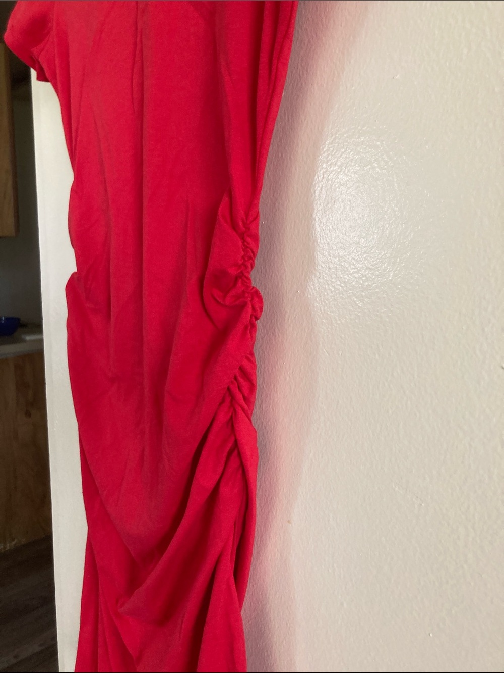 Ruched Red Midi Dress with Crew Neck - Picture 7 of 8